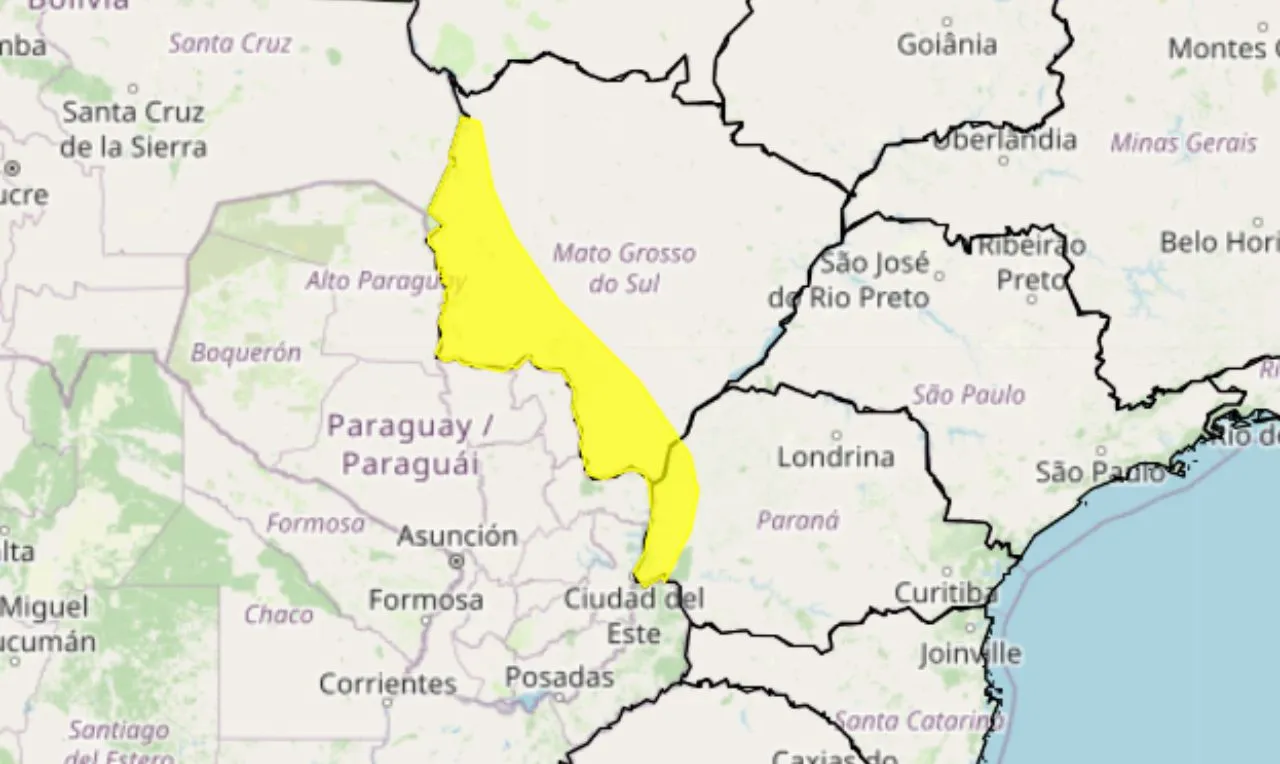 O mapa mostra as áreas em alerta para tempestade